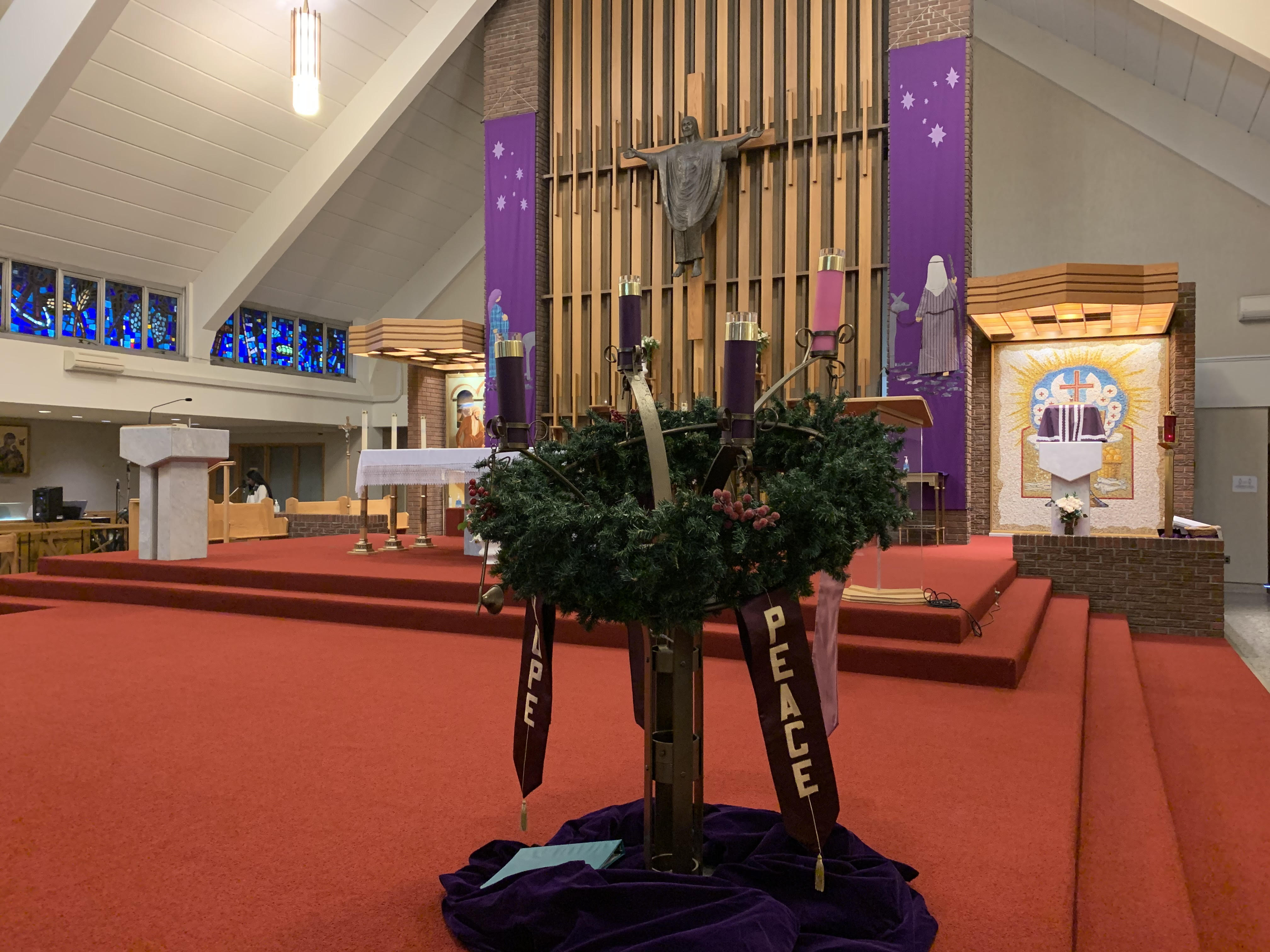 The altar decorated for Advent season